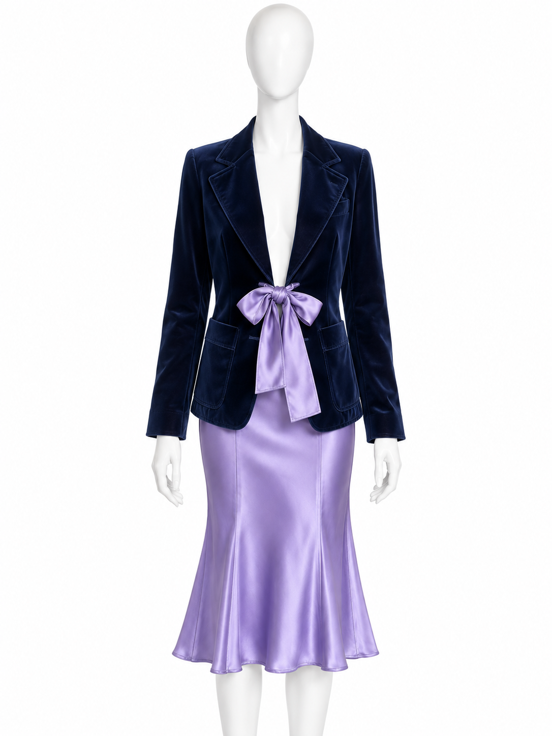 YSL by Tom Ford velvet jacket with purple silk bow and matching midi skirt