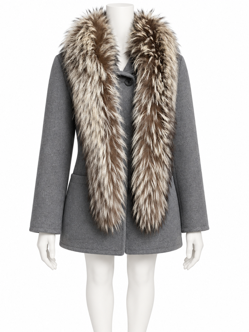 Yves Saint Laurent grey wool reversible cape with fur trim